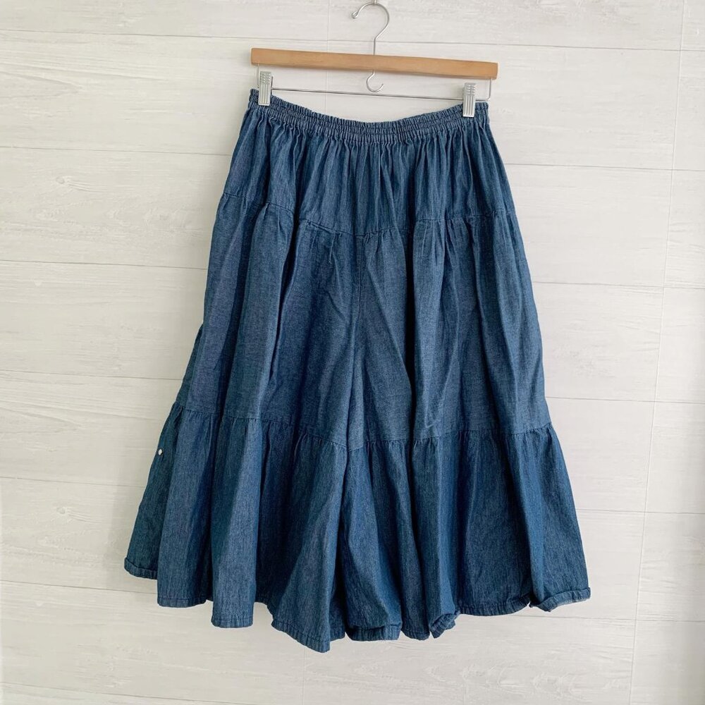 Carla New Mexico Dark wash denim studded tiered full pull on culotte shorts OS